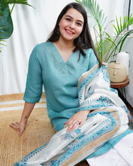 Ferozi linen kurta with chanderi duppata