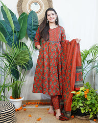 Red Floral Sanganeri aline full suit set