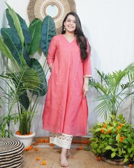 Pink Textured Chanderi Aline kurta