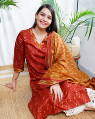 Rust Ikkat print kurta duppata set