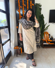 Cream buti kurta duppata set