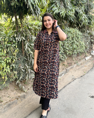 Dark brown overall printed kurta with pocket