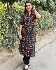 Dark brown overall printed kurta with pocket