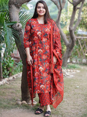 Red Floral Printed Cotton Suit Set