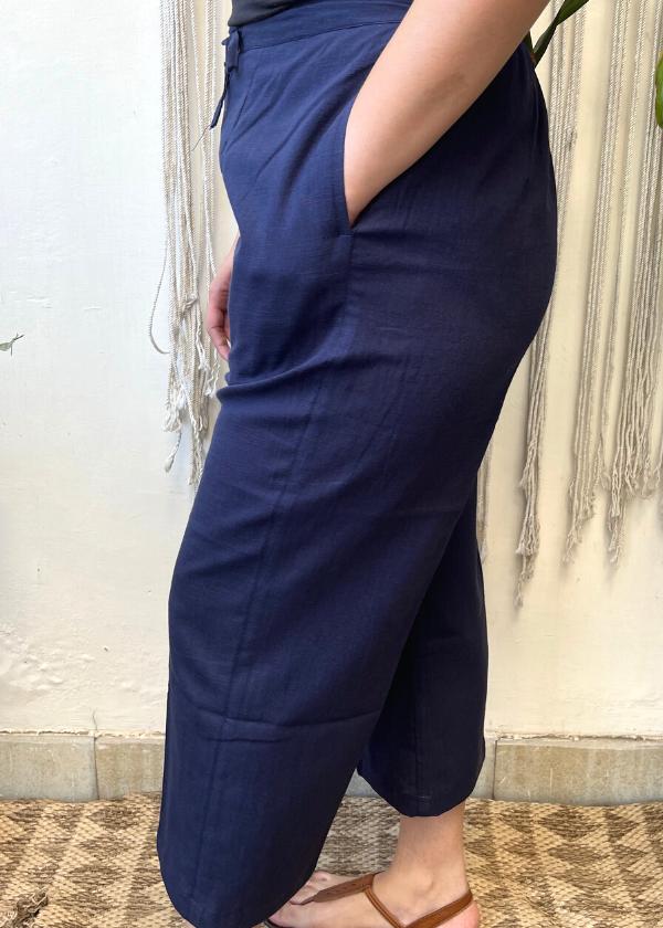 Dark Blue Slub Cotton Pants (37 inches length) - MYSANSKRITAM