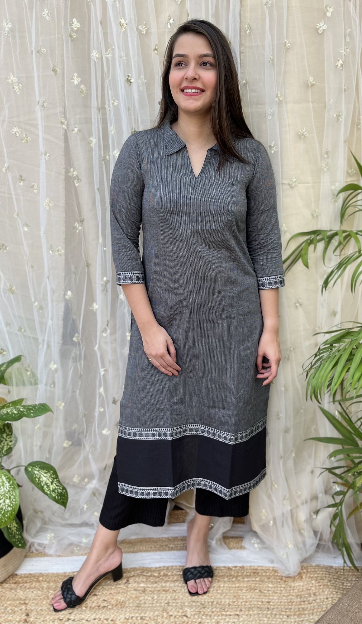 Black Grey Stripes Office Wear Kurta - MYSANSKRITAM