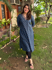 Dark Blue Buti V-neck Kurta by MySanskritam