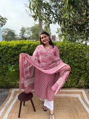 Pink sanganeri V neck kurta duppata set