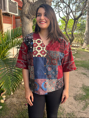 Ajrakh Patchwork Shirt (Maroon) - MYSANSKRITAM