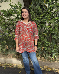 Rust Floral Handblock Short Kurti