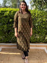 Mehendi green sanganeri yoke kurta