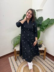 Black small flower embroidered aline kurta