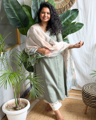 Olive Green A-line Kurta with Mulmul Dupatta