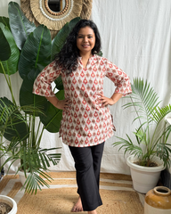 Cream Leaf Print Short Kurti