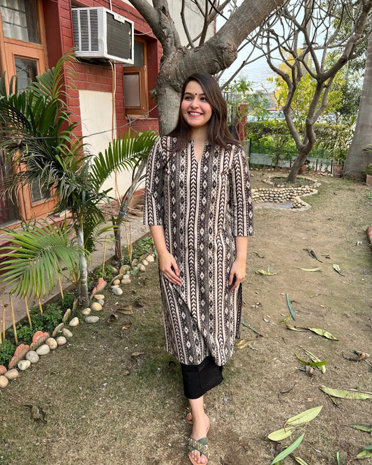 Brown Geometric Ban Neck Kurta