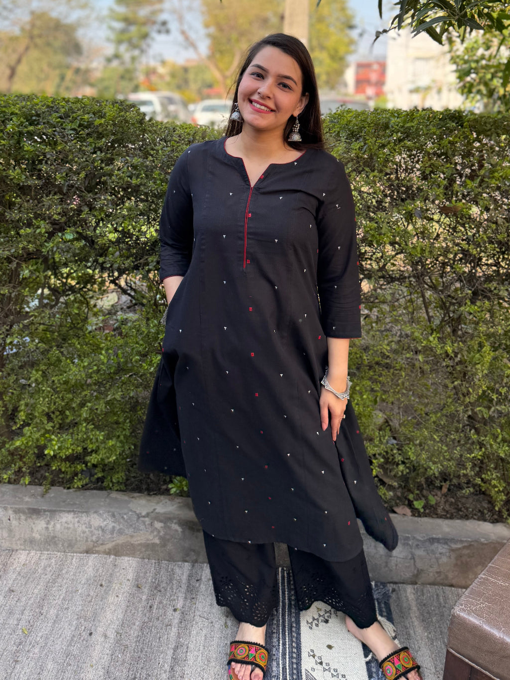 Black A-line South Cotton Kurta by Sanskritam