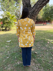 Lemon yellow floral kantha short kurti