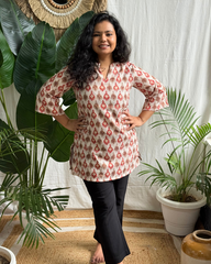 Cream Leaf Print Short Kurti