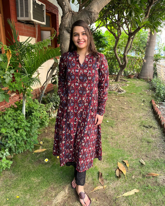 Maroon ajrakh abstract print A-Line Kurta with chudi sleeve
