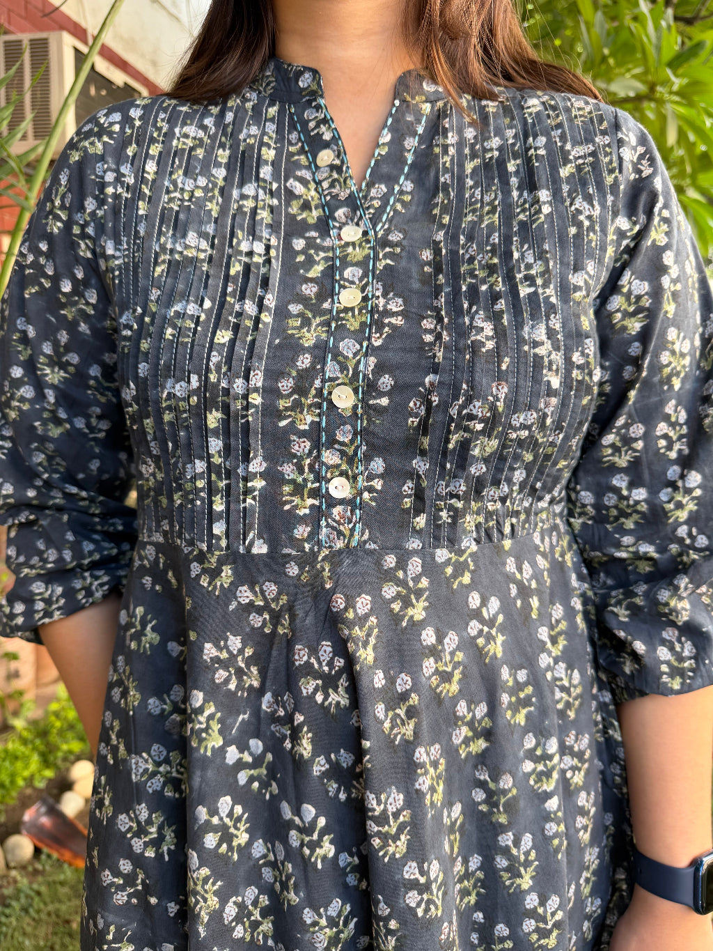 Dark Blue Floral Pintucks A-line Kurta neck design by Sanskritam