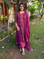 Magenta Ikkat Print Pintucks Suit Set by Sanskritam