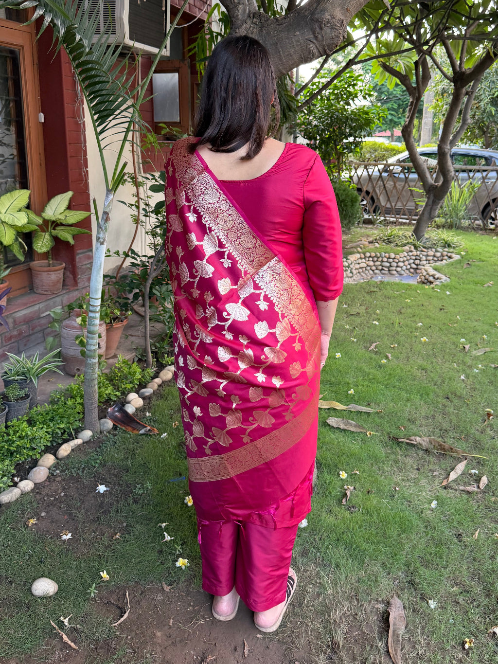 Maroon Banarsi Full Suit Set from the back by Sanskritam