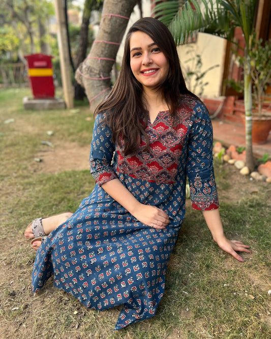 Indigo buti Ajrakh yoke kurta