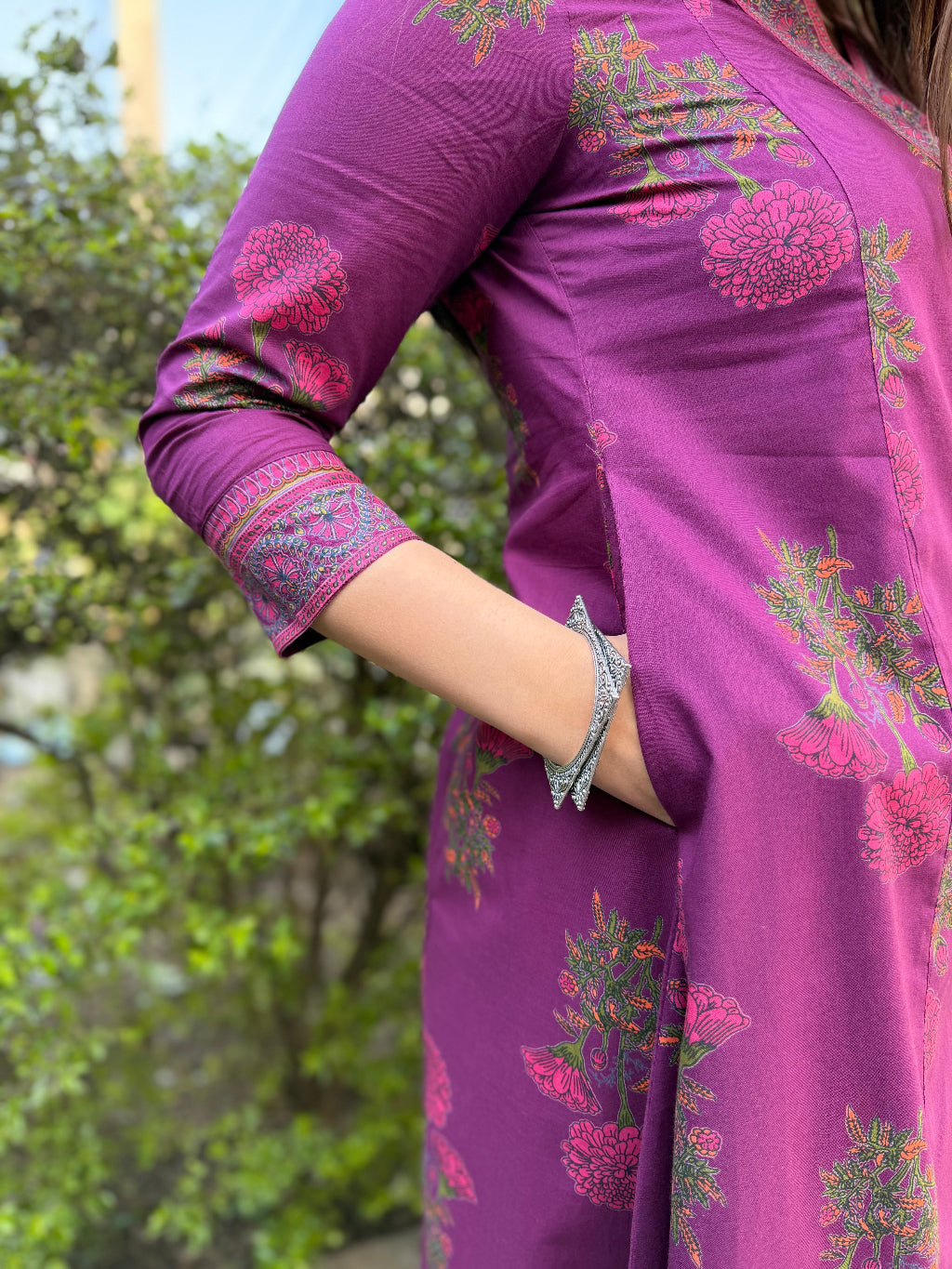 Wine Floral Aline Suit Set Kurta Pocket by Sanskritam
