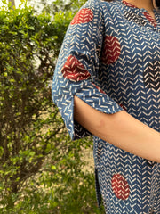 Indigo Ajrakh ban neck kurti