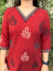 Red V-neck Handblock Leaf Short Kurti