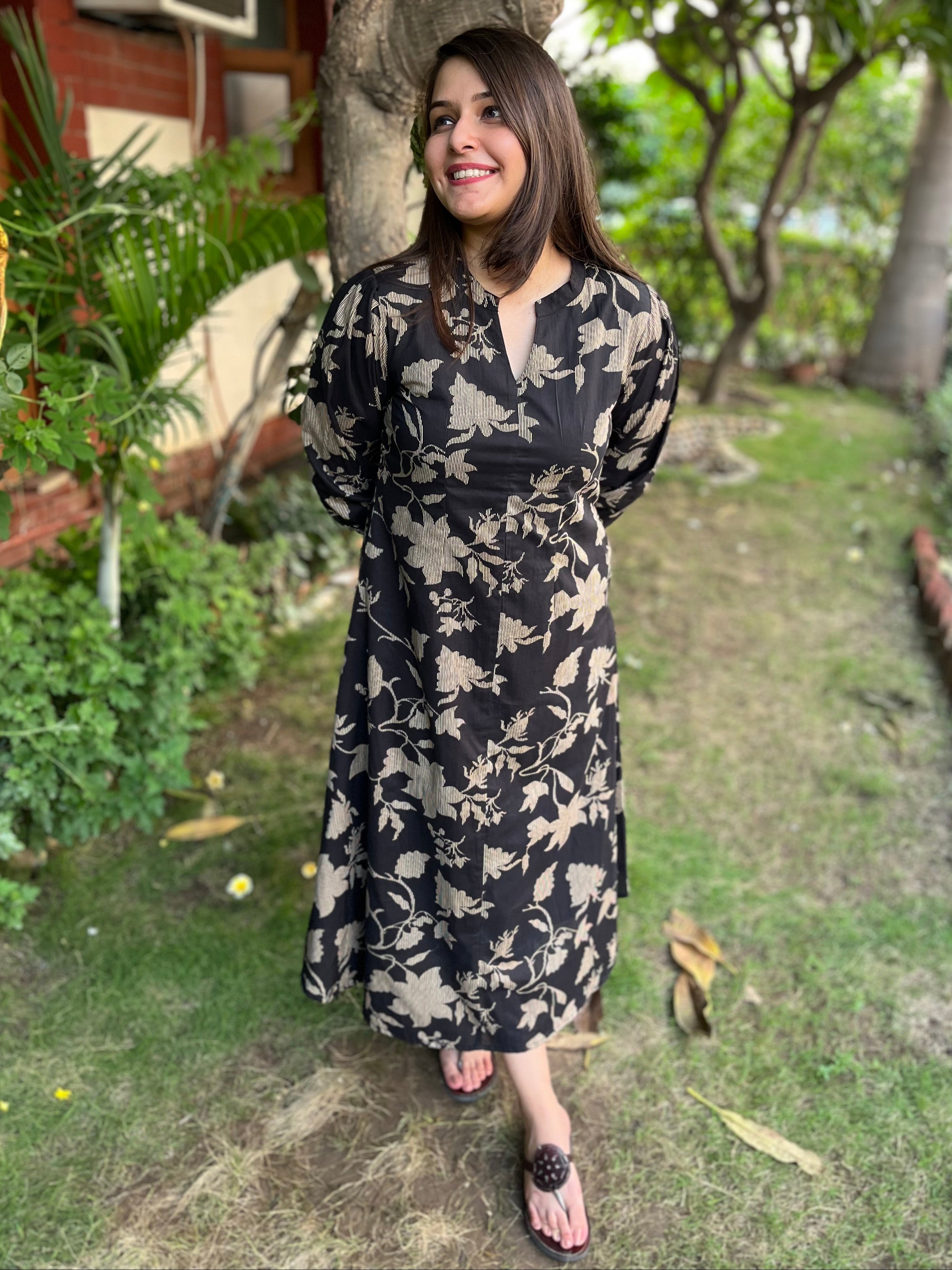 Black Floral dress with pockets - MYSANSKRITAM
