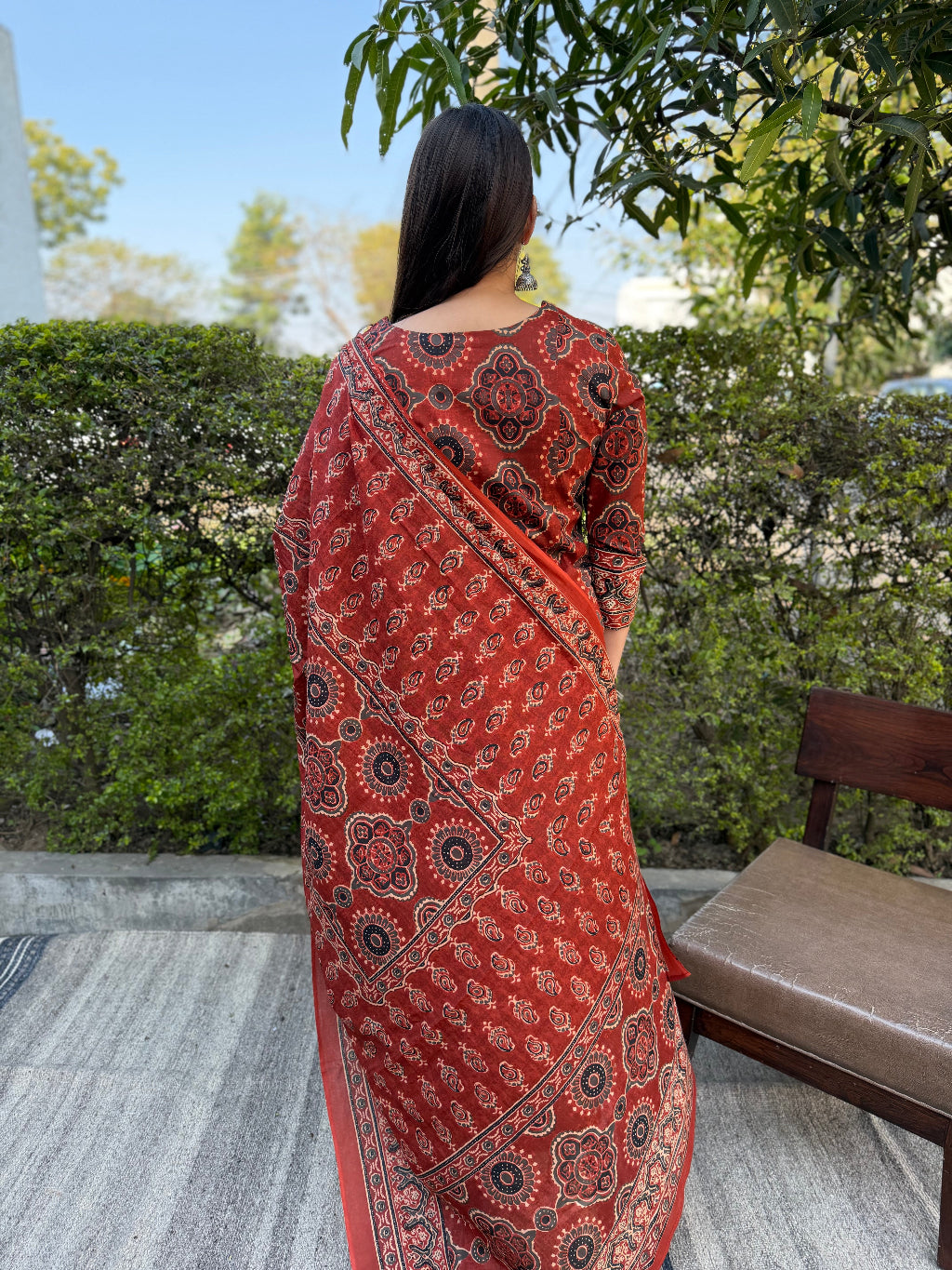 Rust Printed Aline Full Suit Set back dupatta by MySanskritam