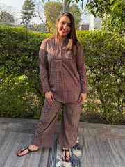 Brown Lines Handblock printed Co ord Set by MySanskritam
