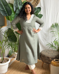 Olive Green A-line Kurta with Mulmul Dupatta
