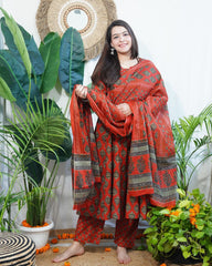 Red Floral Sanganeri aline full suit set