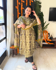 Leaf green floral kurta with duppata