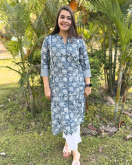 Blue floral handblock kurta