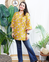 Neon green floral handblock kurti
