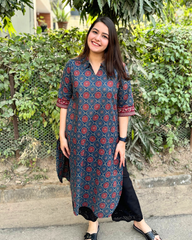 Indigo geometric collar kurta with pocket