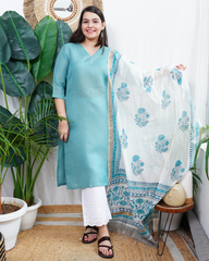Ferozi linen kurta with chanderi duppata