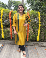 Mustard green lines modal silk kurta