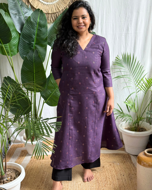 Dark Purple Embroidered A-line Kurta