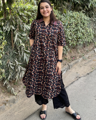 Dark brown overall printed kurta with pocket