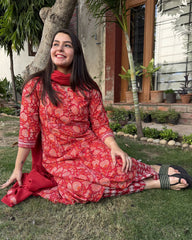 Red Sanganeri Aline full suit set