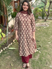 Beige & Maroon Heritage Print Kurta Set