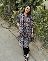 Black ajrakh V neck kurta with pocket