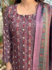 Onion pink digital printed woollen suit set with embroidery