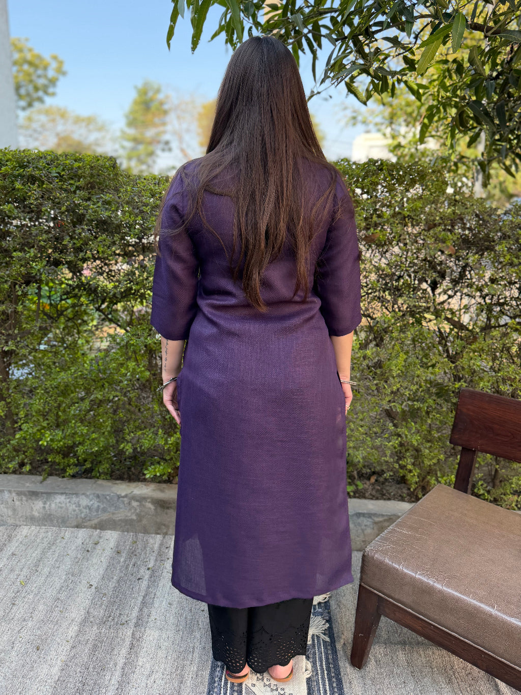 Purple embroidered Linen Kurta from the back by MySanskritam