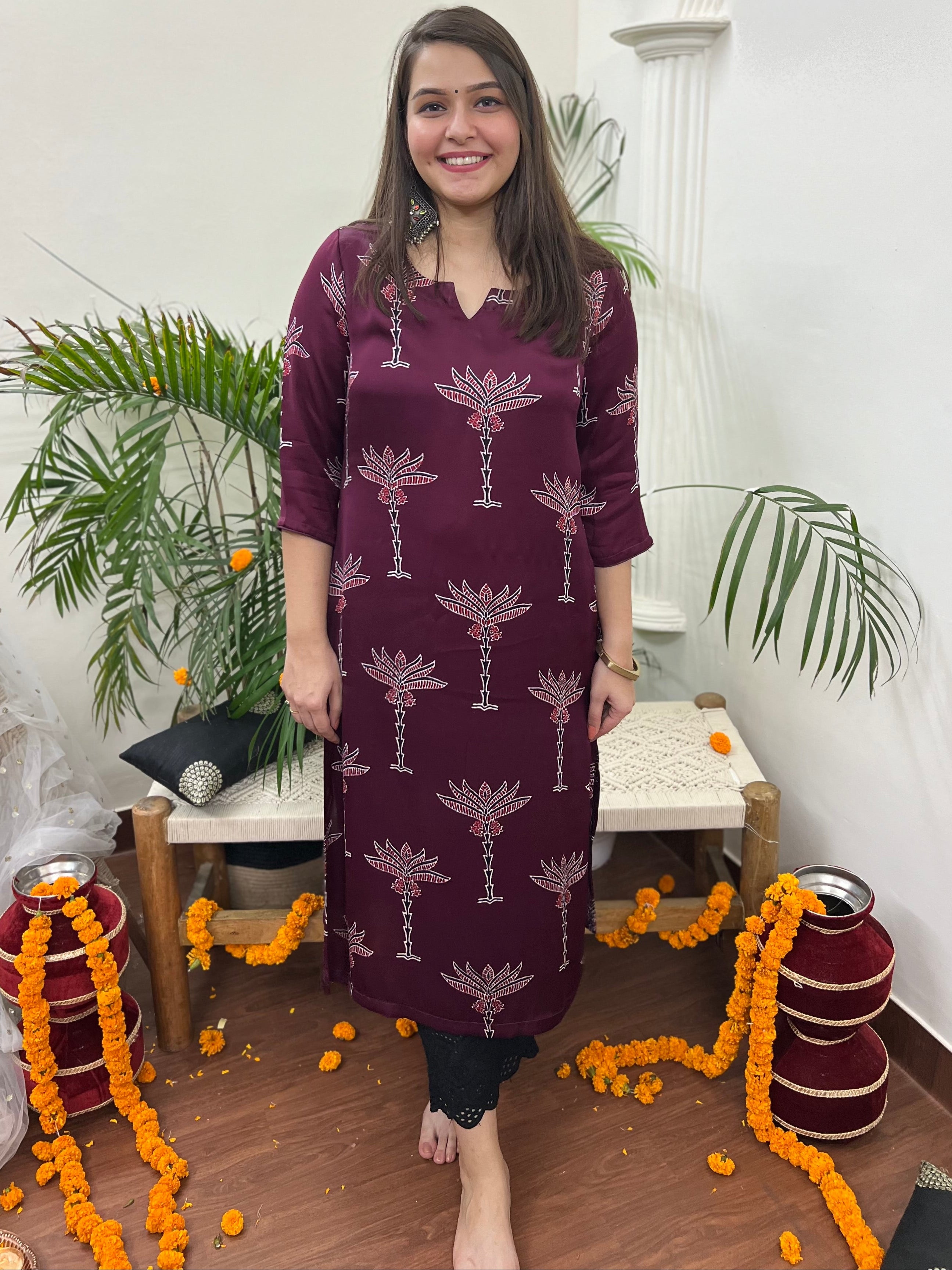 Premium Modal Wine Tree long kurta - MYSANSKRITAM