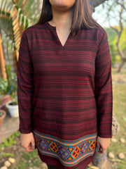 Maroon black Kullu border woollen short kurti